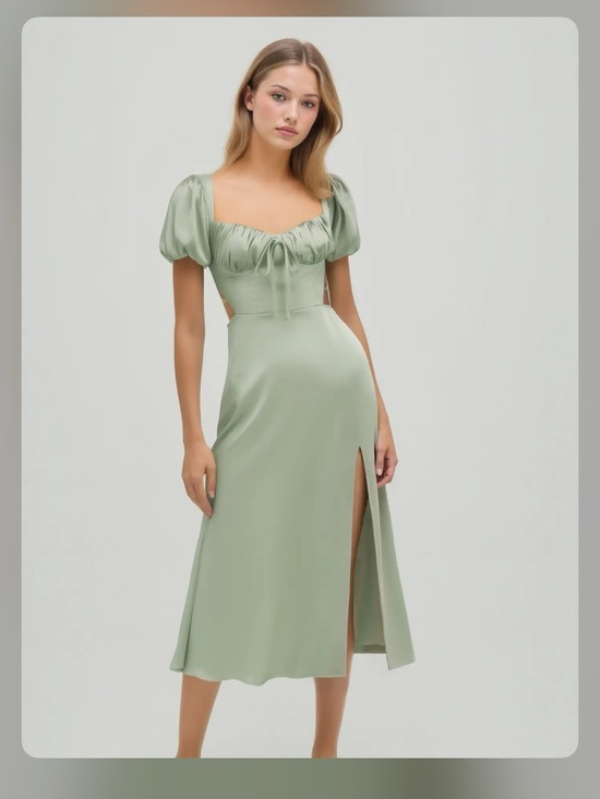 Cider Dresses & Skirts - SATIN KNOTTED PUFF SLEEVE SPLIT MIDI DRESS